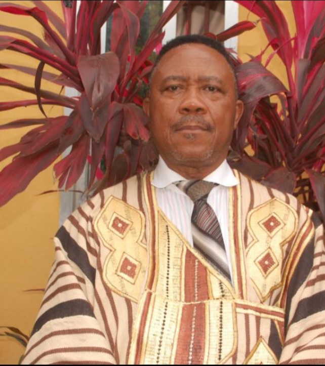 Steven, a black man with very short afro hair wearing Sierra Leonean attire and a tie, is standing proudly in front of a plant with red leaves.